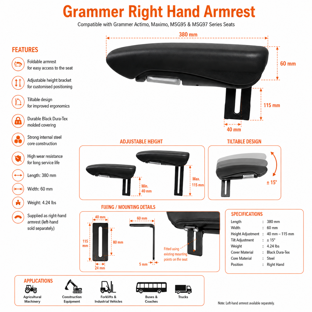 Grammer right hand armrest MSG95 - Image 2